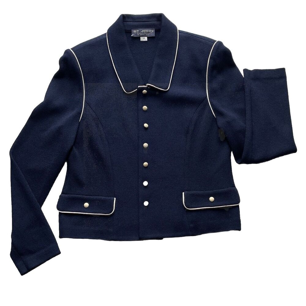 St John Collection Womens Navy White Trim Santana Knit Jacket/Blazer Size 12